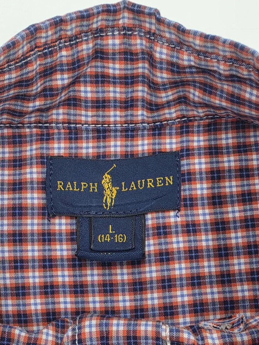 Ralph Lauren boys' navy and orange plaid button down shirt size L